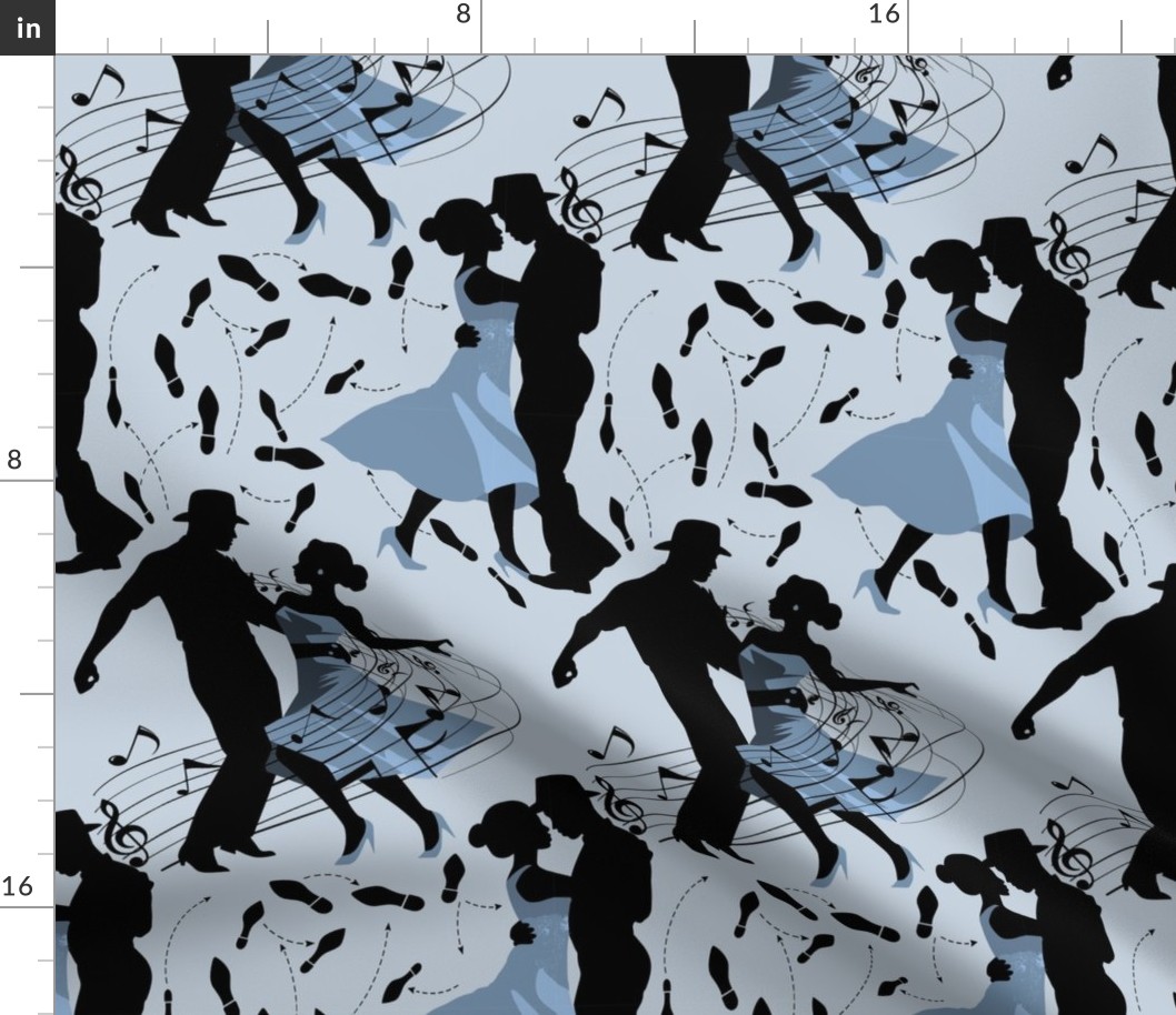 Dance club with black silhouettes of dancing people with shades of blue  - small scale