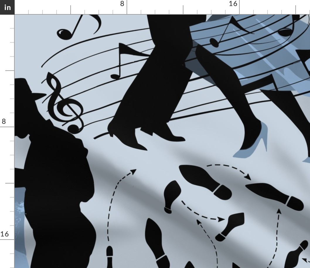 Dance club with black silhouettes of dancing people with shades of blue  - large scale