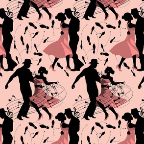 Dance club with black silhouettes of dancing people with shades of pink  - small scale