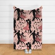 Dance club with black silhouettes of dancing people with shades of pink  - large scale