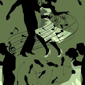 Dance club with black silhouettes of dancing people with shades of green  - medium scale