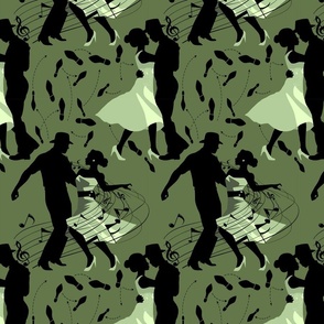 Dance club with black silhouettes of dancing people with shades of green  - small scale
