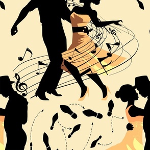 Dance club with black silhouettes of dancing people with shades of yellow  - medium scale