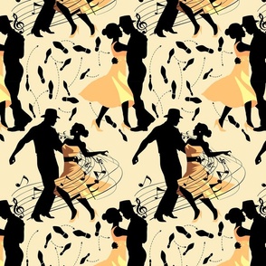 Dance club with black silhouettes of dancing people with shades of yellow  - small scale