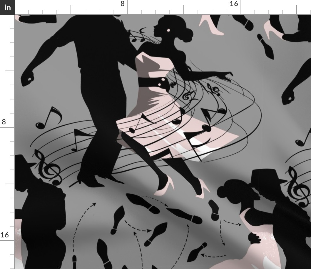 Dance club with black silhouettes of dancing people with shades of grey and pink  - medium scale