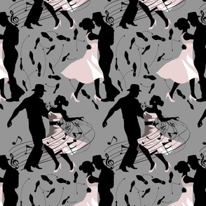 Dance club with black silhouettes of dancing people with shades of grey and pink  - small scale
