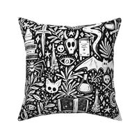 Maximalist Witchy Library Monster Mash - dark academia, cute ghosts and magical creatures - black and white - large