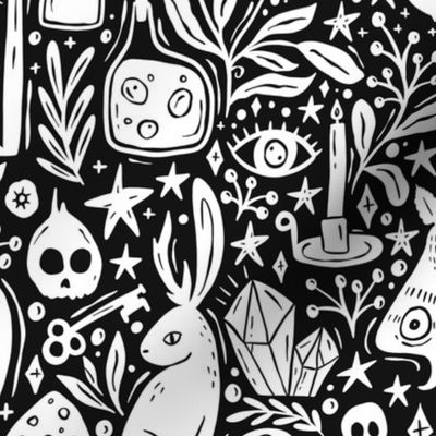 Maximalist Witchy Library Monster Mash - dark academia, cute ghosts and magical creatures - black and white - large