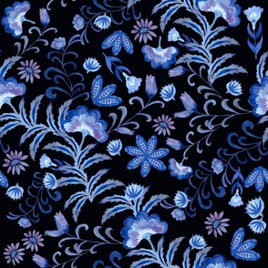 Large Blue and Black Chintz / Watercolor / Purple