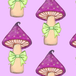 Purple mushroom with green bow on lilac background
