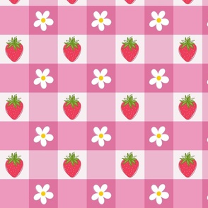 Strawberry Flowers and Pink Gingham medium Scale