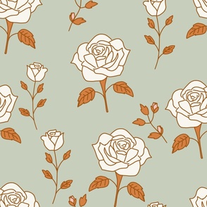 jumbo bold floral off white roses on green