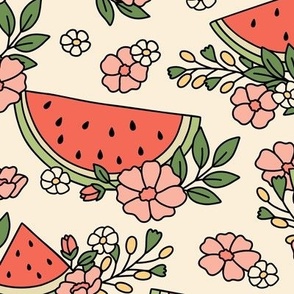 Watermelon Floral on Beige (Large Scale)