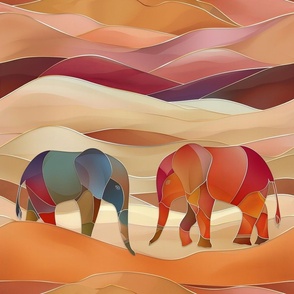 Two Multicolor Colorful Elephants in the Sandy Desert Dunes