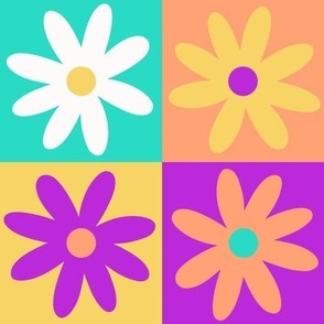 Flower Squares Turquoise Peach Purple Yellow