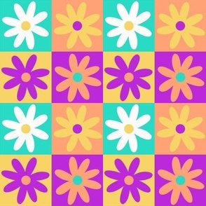 Flower Squares Purple Yellow Peach Turquoise