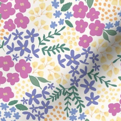 Garden Party Ditzy Floral in Morning Cream with Pink, Purple, Yellow + Green