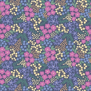 Garden Party Ditzy Floral in Night Time Navy Blue with Pink, Purple, Yellow + Green