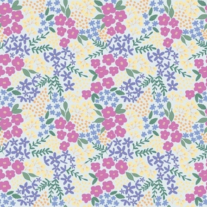 Garden Party Ditzy Floral in daytime pale blue with pink, green, yellow + purple
