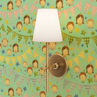 Watercolor, Hand Painted Pink Blue Yellow Green Gingham Banner, Cute Kids Faces on Blue, Kid's Party , L