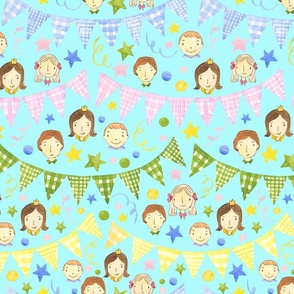 Watercolor, Hand Painted Pink Blue Yellow Green Gingham Banner, Cute Kids Faces on Blue, Kid's Party , L