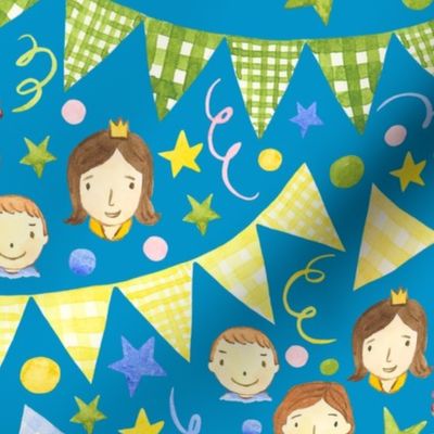 Watercolor, Hand Painted Pink Blue Yellow Green Gingham Banner, Cute Kids Faces on Dark Blue, Kid's Party , L
