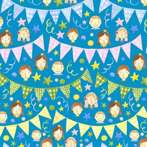 Watercolor, Hand Painted Pink Blue Yellow Green Gingham Banner, Cute Kids Faces on Dark Blue, Kid's Party , L