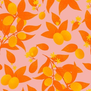 Orange and pink kumquats and flowers 