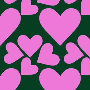Pink Hearts on Dark Green Background
