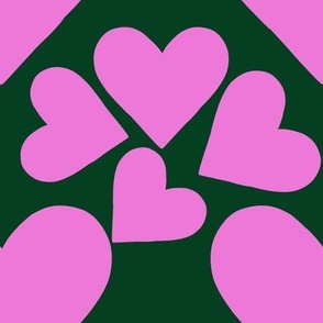 Pink Hearts on Dark Green Background