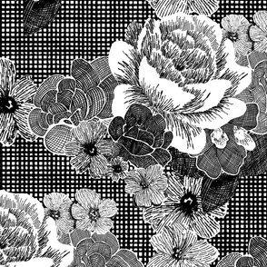 Vintage Roses and Peonies - Black and White Tweed - LARGE