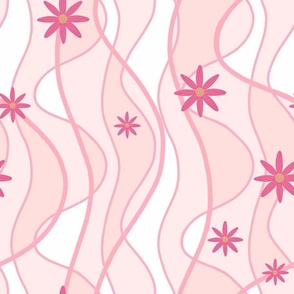 Large Wavy Ribbons and Daisies Abstract, Pink and White