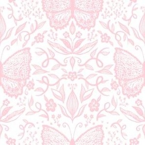 Medium Pink Butterfly Damask on White