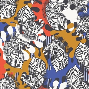 L|Cheerful black Zebras in mustard red blue abstract shapes: Playful Animal Design