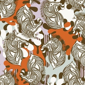L|Cheerful Zebras in bright red brown light green abstract shapes: Playful Animal Design