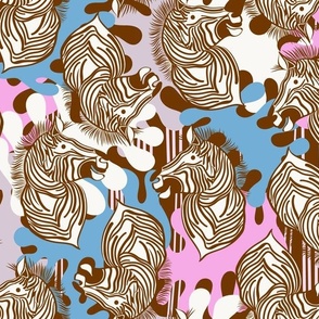 L|Cheerful Zebras in bright blue pink abstract shapes: Playful Animal Design
