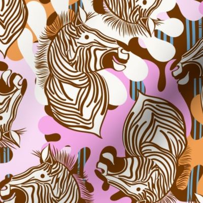 L|Cheerful Zebras in Vivid pinks orange abstract shapes blue stripes: Playful Animal Design