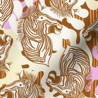 L|Cheerful brown Zebras in Vivid pink white abstract shapes: Playful Animal Design