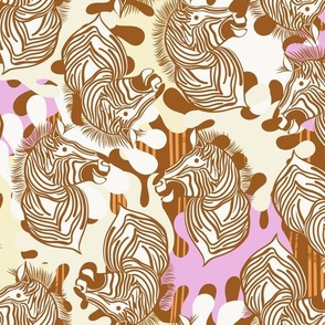 L|Cheerful brown Zebras in Vivid pink white abstract shapes: Playful Animal Design