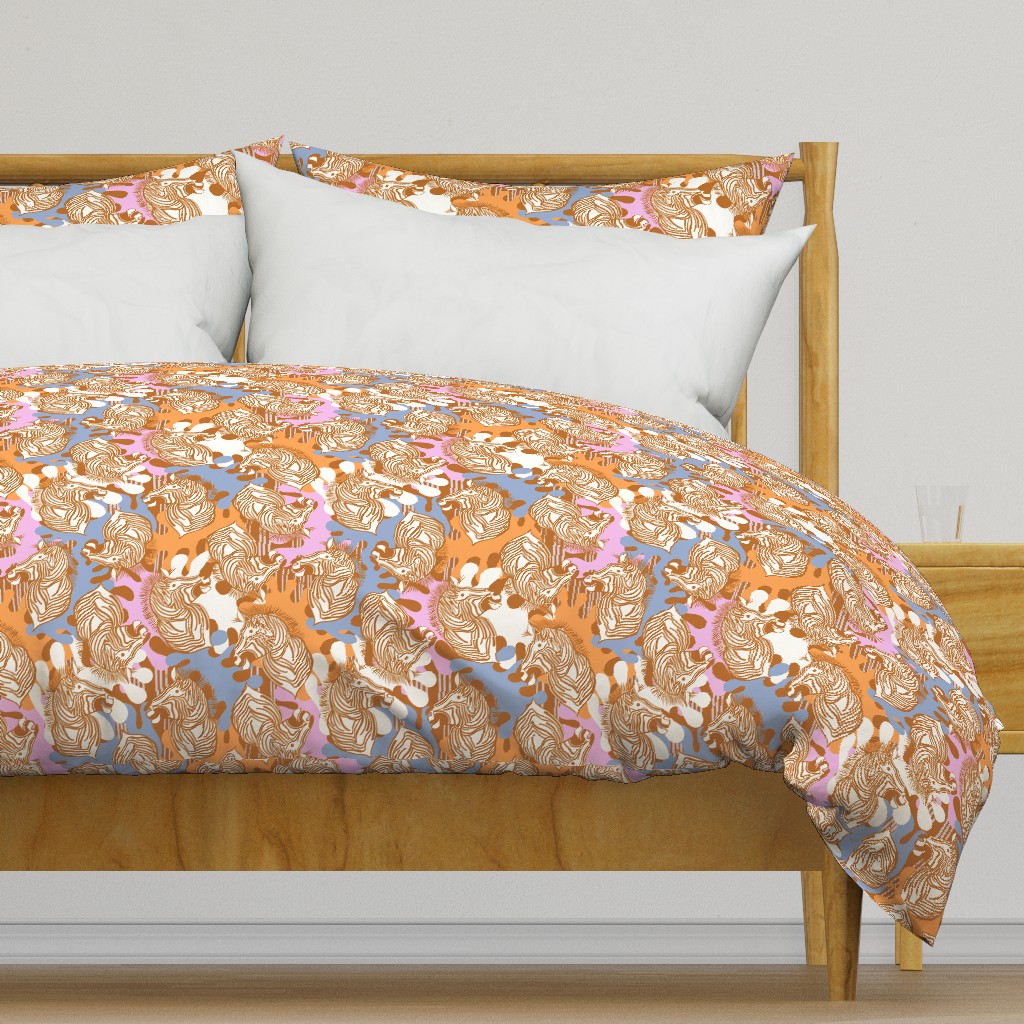 L|Cheerful brown Zebras in Vivid pink orange sky blue abstract shapes: Playful Animal Design