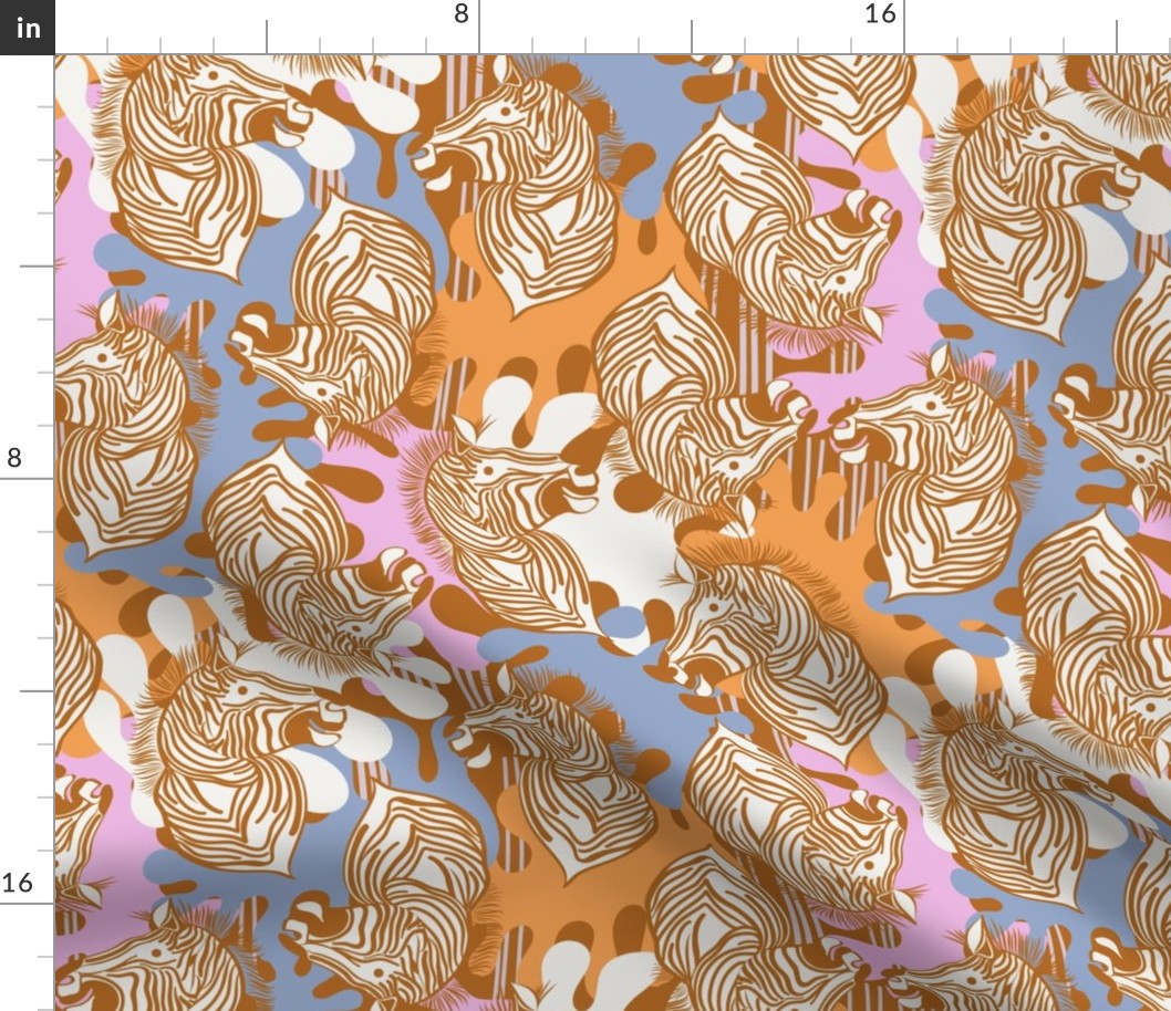 L|Cheerful brown Zebras in Vivid pink orange sky blue abstract shapes: Playful Animal Design