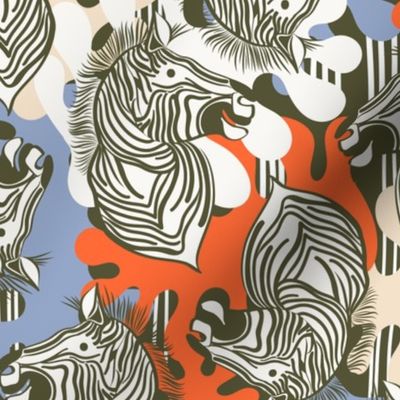 L|Cheerful dark green Zebras in Vivid orange blue abstract shapes: Playful Animal Design