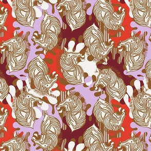 L|Cheerful Zebras in Vivid red maroon light purple abstract shapes: Playful Animal Design