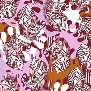 L|Cheerful maroon Zebras in Vivid pink lavender brown abstract shapes: Playful Animal Design