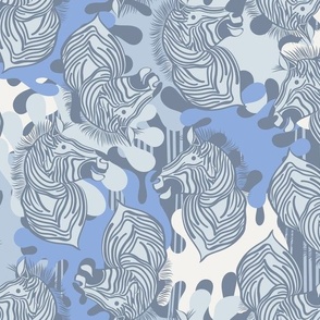 L|Cheerful dark blue Zebras in soft blues abstract shapes: Playful Animal Design