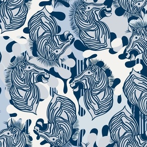 L|Cheerful denim blue Zebras in light blue sky blue abstract shapes: Playful Animal Design