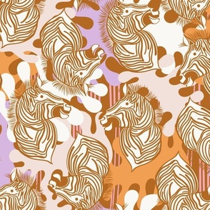 L|Cheerful brown Zebras in Vivid light purple orange abstract shapes: Playful Animal Design