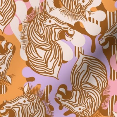 L|Cheerful Zebras in Vivid pink orange light purple abstract shapes: Playful Animal Design