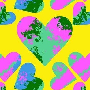 Colorful Hearts on Yellow Background