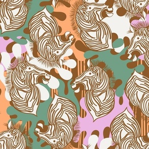 L|Cheerful brown Zebras in Vivid pink green peach abstract shapes: Playful Animal Design